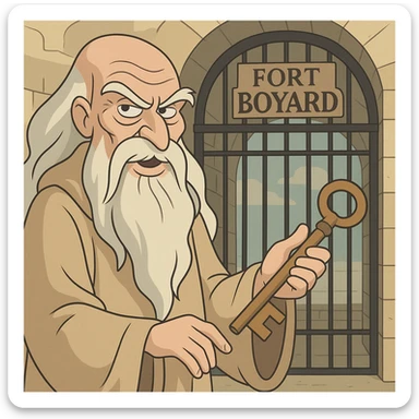Père Fouras holding a large key in front of the Fort Boyard gate, flat toon style, whimsical, detailed beard, mysterious atmosphere sticker