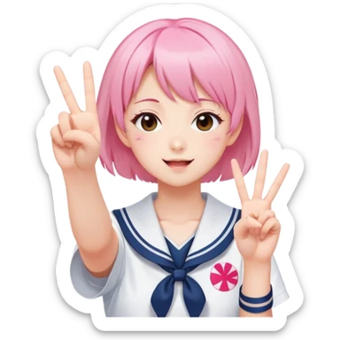 Energetic anime girl with short pink hair wearing Japanese sailor style school uniform, winking and making double peace signs, very cheerful and bubbly, kawaii style sticker