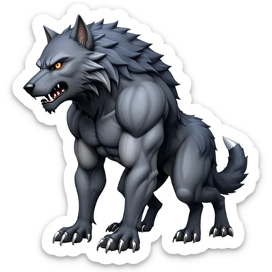 cinematic-noble-fierce-werewolf-full body on all fours-emoji, poised-and-imposing, with a tall, lean, and muscular wolfish frame inspired by the brutal, imposing shape of the beast from Berserk, fur rippling in shades of midnight black and silver, massive paws with razor-sharp claws, elongated limbs and fangs, eyes glowing with an intense, primal ferocity, reflecting the untamed power of the wild moonlit night; rendered with realism like a wolf hunched over sticker