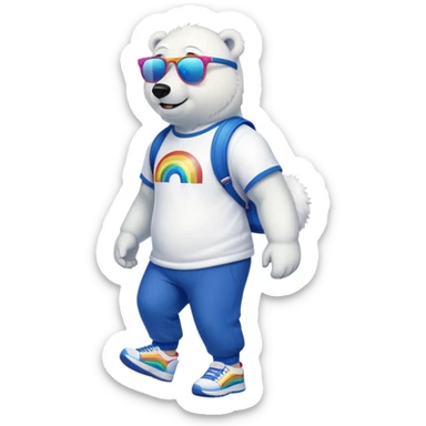 muscular friendly anthropomorphised polar bear walking confidently, wearing a royal blue t-shirt, black pants, white trainers, and oversized rainbow glasses sticker