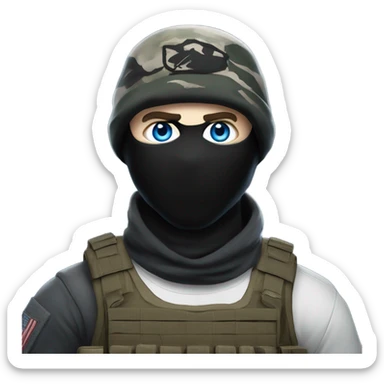White male, call of duty black mask, camo tactical gear, combat boots, black beanie, blue eyes sticker