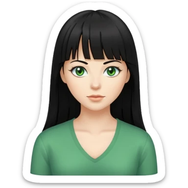 A white woman with Long straight hair with bangs, black hair, green eyes and a low-cut shirt sticker