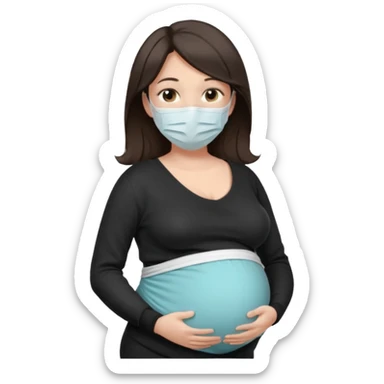 a pregrant lady with dark brown hair? Hair lengt above shoulder, wearing medical face mask, i wanna see the pregnant belly with black sweater sticker