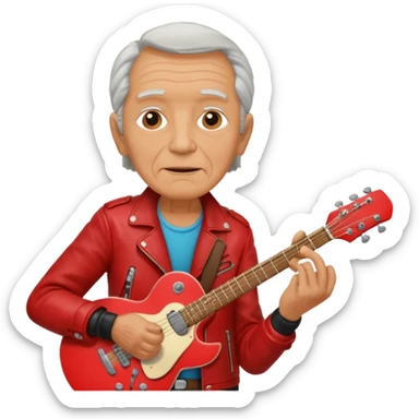 guitar rock player, elderly head, red jacket sticker