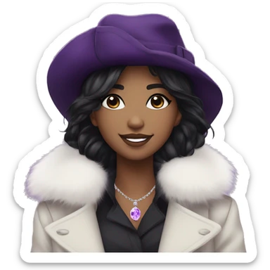 black hair,WHITE, long messy hairstyle, beret hat, purple eyes, smile, long black trench coat with white fur around the neck, purple crystal earrings, purple crystal necklace, black pants sticker