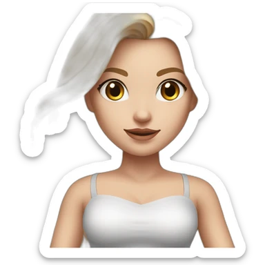 hyperrealistic caucasian long blonde hair brown perfect eyes woman white v-neck strapless top gray tight mini skirt walking towards camera sticker