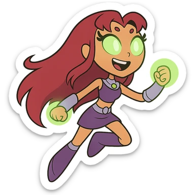 Starfire from Teen Titans Go, cartoon style, floating, long red hair, purple outfit, green eyes glowing sticker