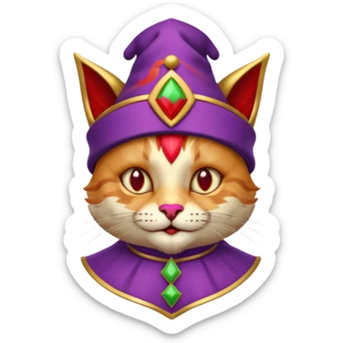 crazy colorful cute little cat jolly joker from poker, medieval, vintage, court jester, mac os icon, purple, gold and red color, head + torso. Squared shape as 3D mac os icon, symmetrical sticker
