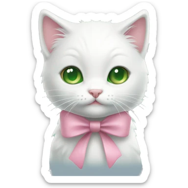 white kitty with green/hazel eyes and pink bow sticker