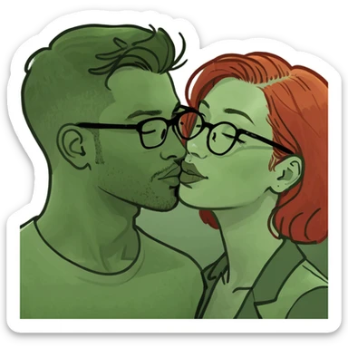 Redhead women in glasses kissing a dark haired man in glasses sticker