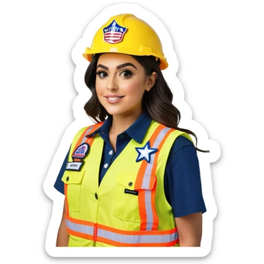  Charli D'Amelio is a construction worker wearing a patriotic dress with a neon yellow safety vest over the dress. she also has a hard hat and a patriotic patch on the vest sticker