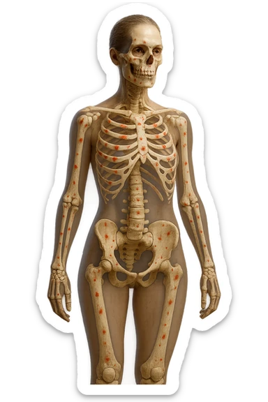 corpo umano anatomico di una donna affetta da fibromialgia, red spot sparsi sulle sue ossa, iperrealistica 4k sticker