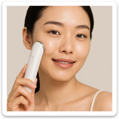Korean woman holding a beauty device to her face, bright and healthy skin, natural expression sticker