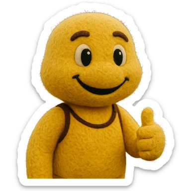 yellow athletic mascot with soft fuzzy texture and big eyes, fun and engaging, giving a thumbs up sticker