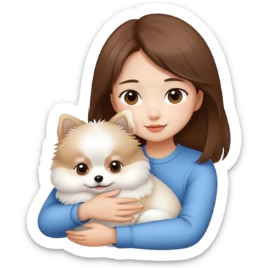 Asian brow hair girl hug small white Pomeranian sticker
