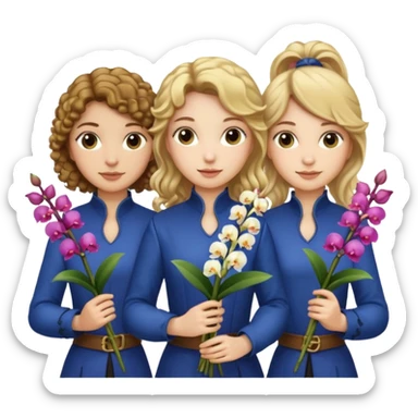 3 female musketeers, oneceith brown curly hair, one with straight blond hair, one eith blond hair on pony tail, all holding orchids sticker