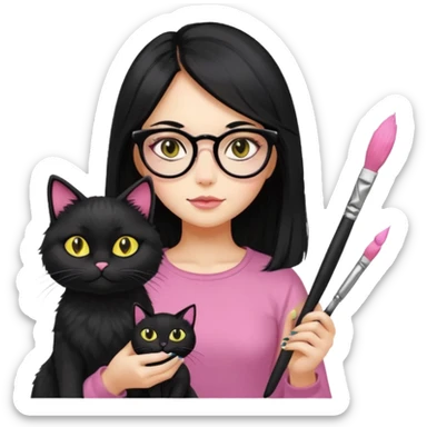 Painting women. smilling   Long black hair,  lunette peinture top pink, pinceau with is black cat  sticker