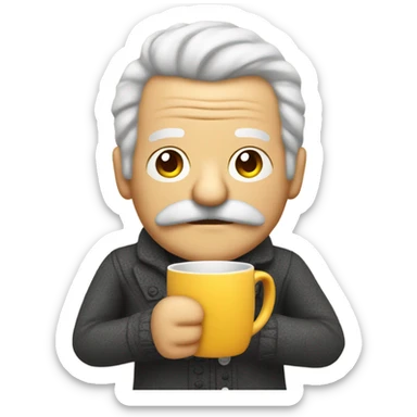 Old man with moustache emoji holding mug cozy pose sticker