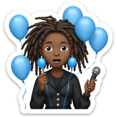 Black girl Stud with dreadlocks singing dressed in black crying 1,2,3 release em with white and blue balloons flying overhead emoji like with mic in hand  sticker