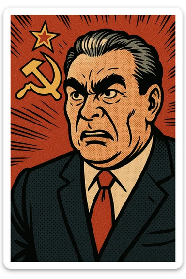 Soviet leader brezhnev looking angered with the communist flag in the background sticker