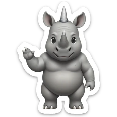 cinematic-rhino-full-body-standing-emoji,white horn, slate grey skin -massive-body-poised-powerfully,-thick-horn-curving-slightly-forward,-head-tilted-dramatically,-rough-grey-hide-covered-in-dust,-simplified-focused-features, large cute black eyes sticker