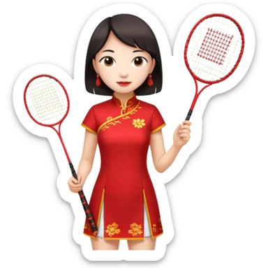 ancient cheongsam girl with 1 badminton racket, red sticker