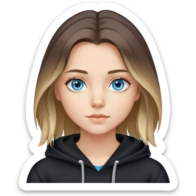 girl with blue eyes, shoulder-length hair with balayage highlights, wearing a black hoodie sticker