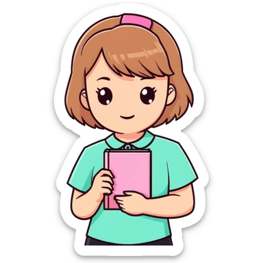 A girl with short light brown hair holding a pink book, wearing a mint shirt sticker