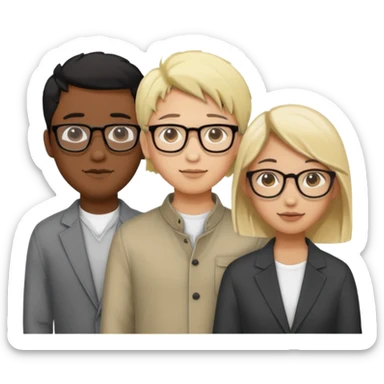 four people. Asian girl, black guy with glasses and dyed blonde hair, indian guy with glasses, asian guy sticker