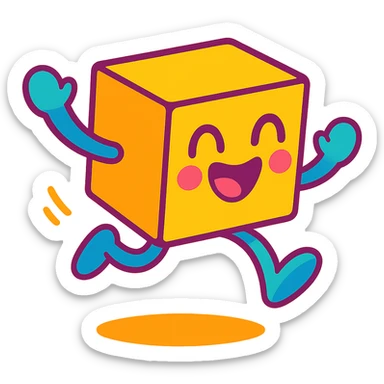 cube with a playful expression, jumping or in motion, bright color palette sticker
