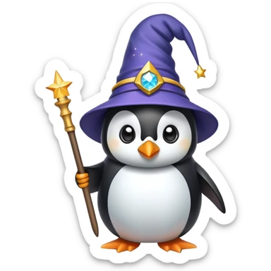 a penguin wearing a wizard hat and holding a magic wand sticker