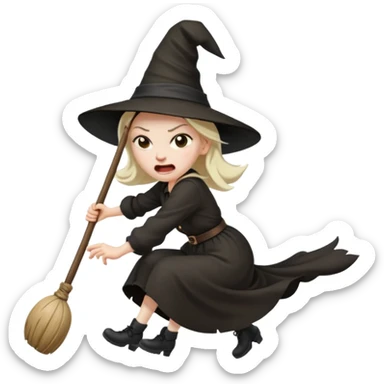 angry faced witch flying on a broom sticker