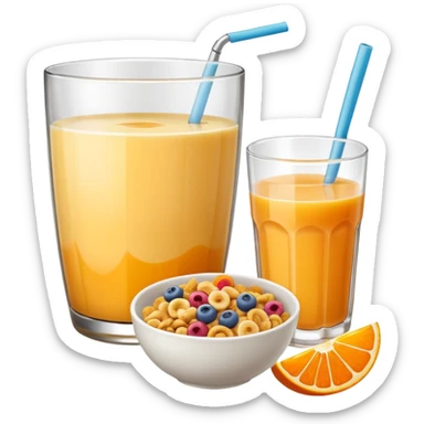 A glass of juice and a bowl with cereals sticker