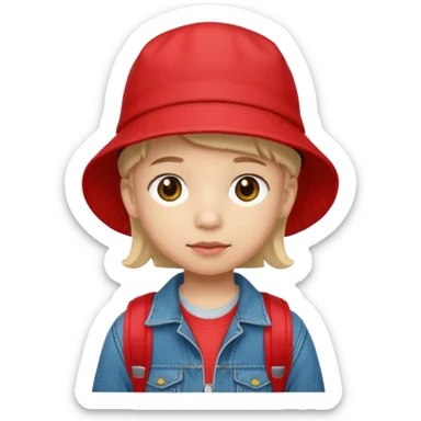 A little student with red bucket hat, jean jacket, backpack sticker