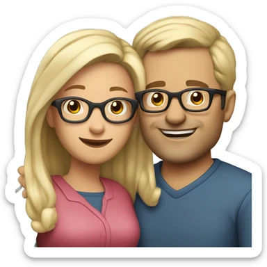 40 year old man with blond hair and glasses hugs a 40 year old woman with dark brown half long hair sticker