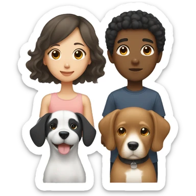 Asian girl, which has straight hair, and black boy, which had curly hair, with a dog sticker