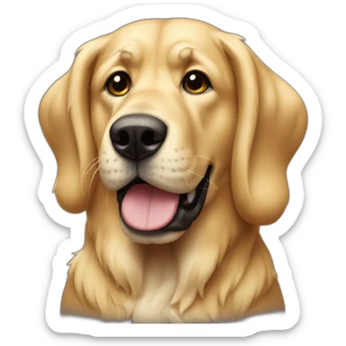 big blonde dog with half-floppy half-upright ears and a black face sticker