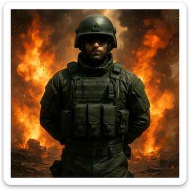 A man in advanced military gear, dark green, hands behind his back, facing viewer. Background filled with explosions and fire, warzone scene. sticker