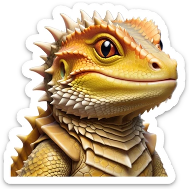 Cinematic Noble Bearded Dragon Portrait Emoji, Poised and regal, with a robust, angular build and a textured, scaled hide in earthy olive and sandy tones, a prominent spiky 'beard' beneath its chin and a keen, alert gaze, Simplified yet sharp and sophisticated features, highly detailed, glowing with a soft, dignified glow, high shine, intelligent and fierce, stylized with an air of desert majesty, focused and attentive, soft glowing outline, capturing the essence of a watchful and commanding reptile, so majestic it feels as though it could scuttle out of the screen with effortless authority! sticker