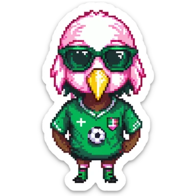 flamingo soccer player wearing sunglasses and a black and green jersey sticker