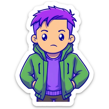 Man with stylish green jacket and purple hair, strong pose, bold expression, modern clothing style sticker