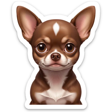 Cinematic Grumpy Chocolate Short Haired Chihuahua Portrait Emoji, Head tilted slightly with a deeply unimpressed expression, thick chocolate fur with a glossy sheen, large, droopy dark eyes narrowed into an unamused glare, ears slightly drooping in exasperation, Simplified yet comically expressive features, highly detailed, glowing with a dry, sarcastic glow, high shine, effortlessly judgmental yet dignified, stylized with a touch of cynicism, bright but brooding, soft glowing outline, capturing the essence of an eternally unimpressed yet endearing pup, so lifelike it feels like it could sigh heavily at you in disdain at any moment! sticker