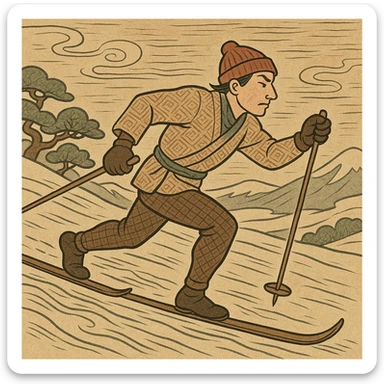 stylized cross-country skier, ukiyo-e style, dynamic movement, subtle color palette, traditional patterns sticker
