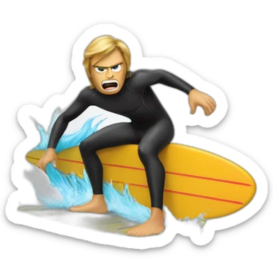 angry surfer in a wetsuit on a surfboard sticker