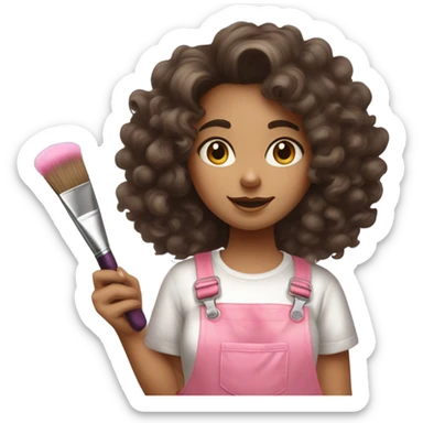 Curly-haired brunette girl painter in artist's costume and paint stains on her pink overalls with a brush and a paint palette in her hand sticker