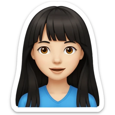 Pale brown girl with long black hair with bangs, happy sticker