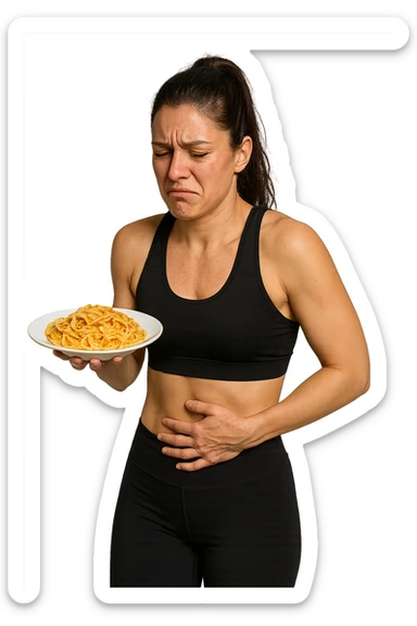 DONNA FITNESS CON PIATTO DI PASTA IN MANO E MAL DI PANCIA, FA FATICA A DIGERIRE sticker