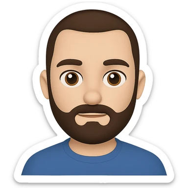Edit the image to depict a man with less hair, shorter beard, brown hair and beard, in the style of Apple emojis with transparent background. The style is Apple emoji style. sticker