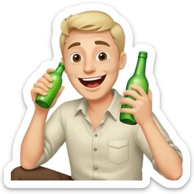 a drunk man holding a bottle fooling around laughing in a car sticker