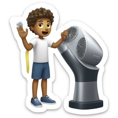 boy using hair dryer to dry sail of boat sticker